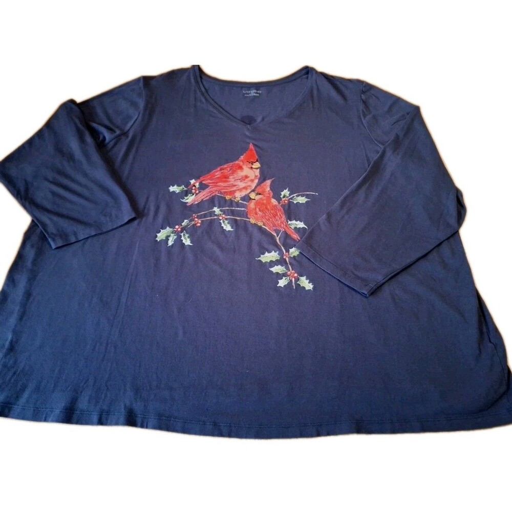 Catherines Holiday Christmas Red Cardinals Black Top Shirt Tee Womens Plus 3X